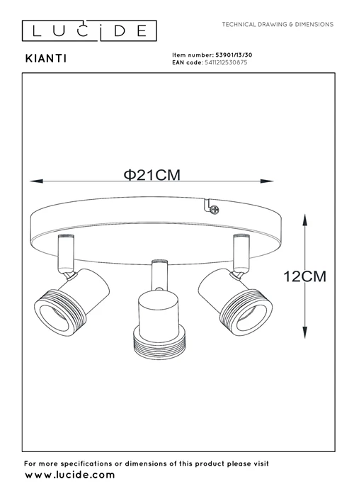 Lucide KIANTI - Plafondspot - Ø 21 cm - 3xGU10 - Zwart - technisch
